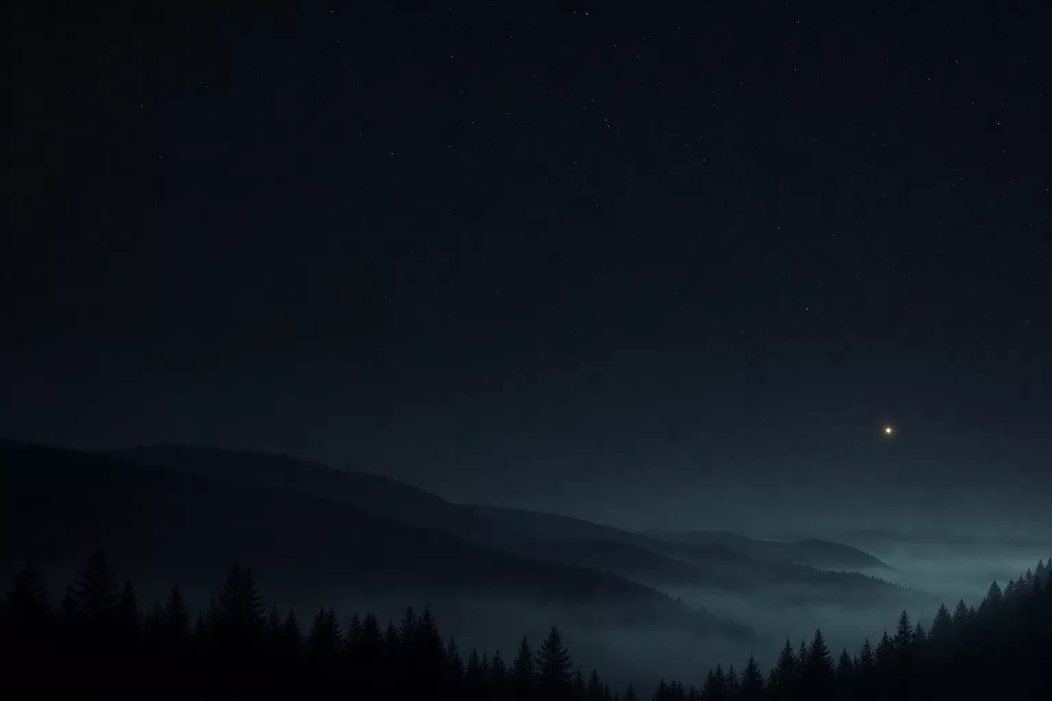 Forested Pacific Northwest ridgelines fading into valley fog under a starlit night sky